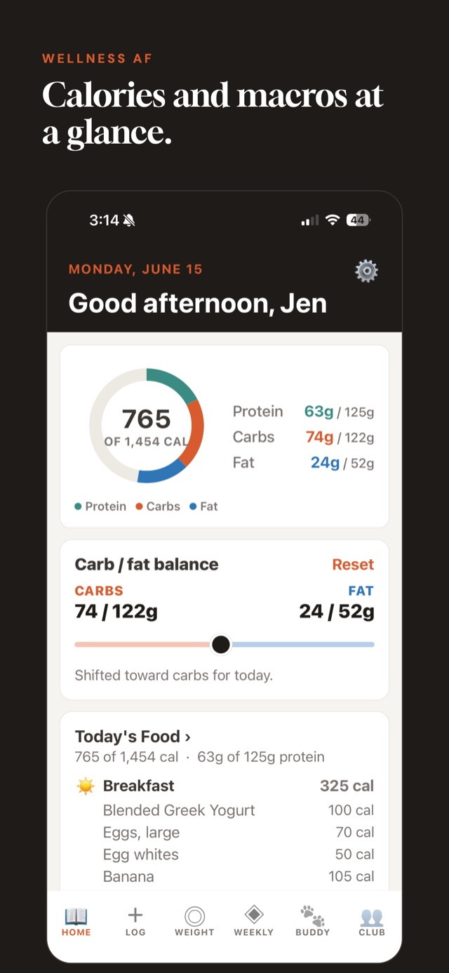 Wellness AF weight loss app home screen showing a daily calorie ring with protein, carb, and fat macros