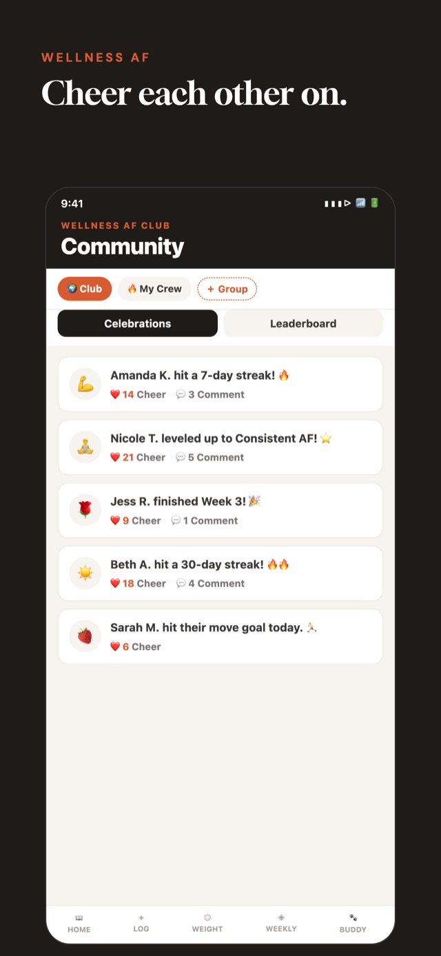 Wellness AF app community feed where members cheer each other on for weight loss streaks and milestones