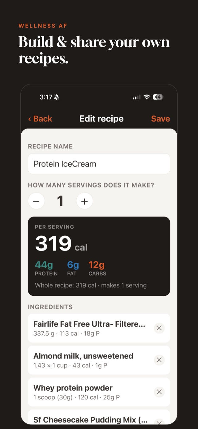 Wellness AF app recipe builder showing a high-protein recipe with calories and macros per serving
