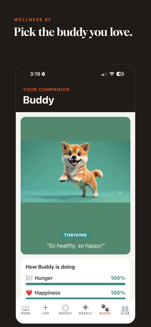 Wellness AF app walking buddy, a happy cartoon dog, that thrives when you log meals and hit your step goal
