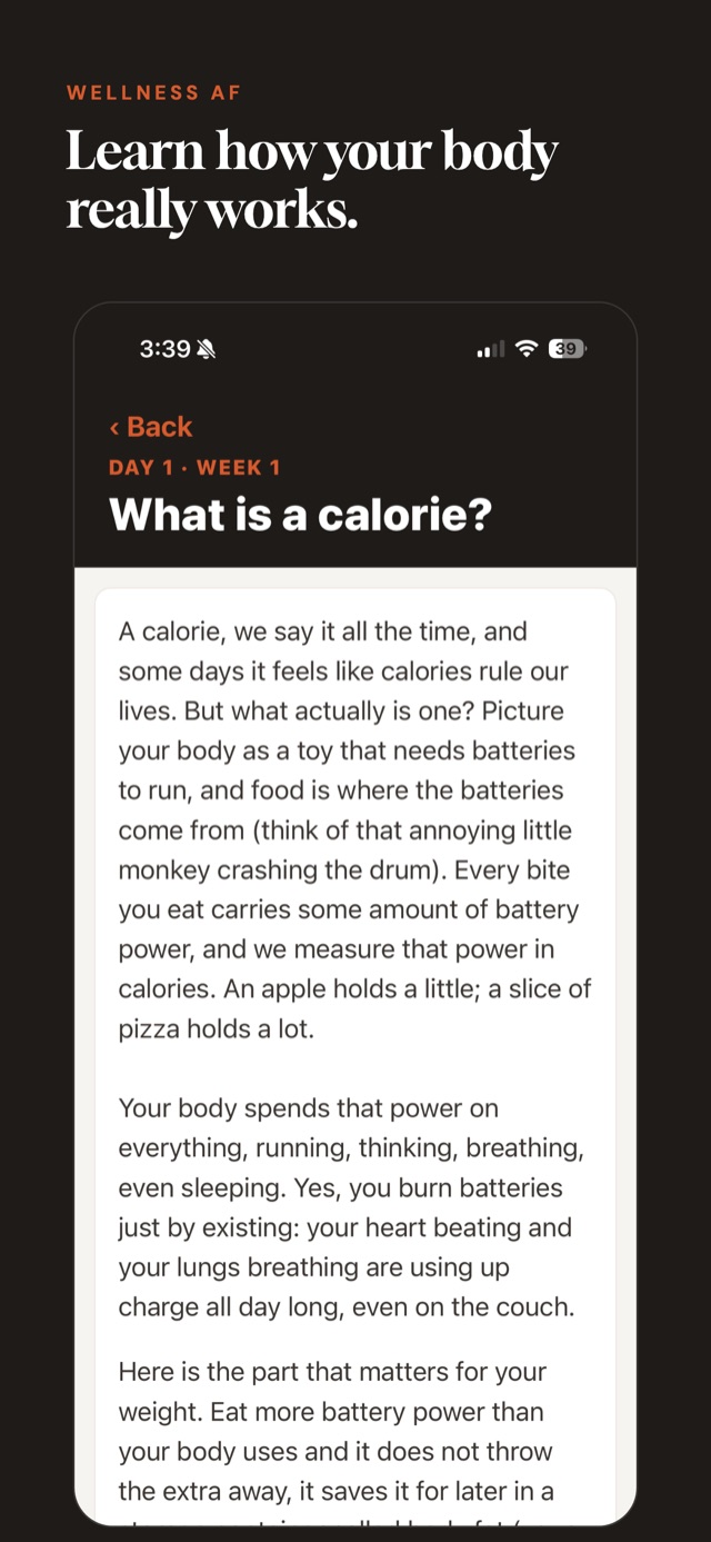 Wellness AF app lesson explaining what a calorie is, from the 12-week weight loss program for women