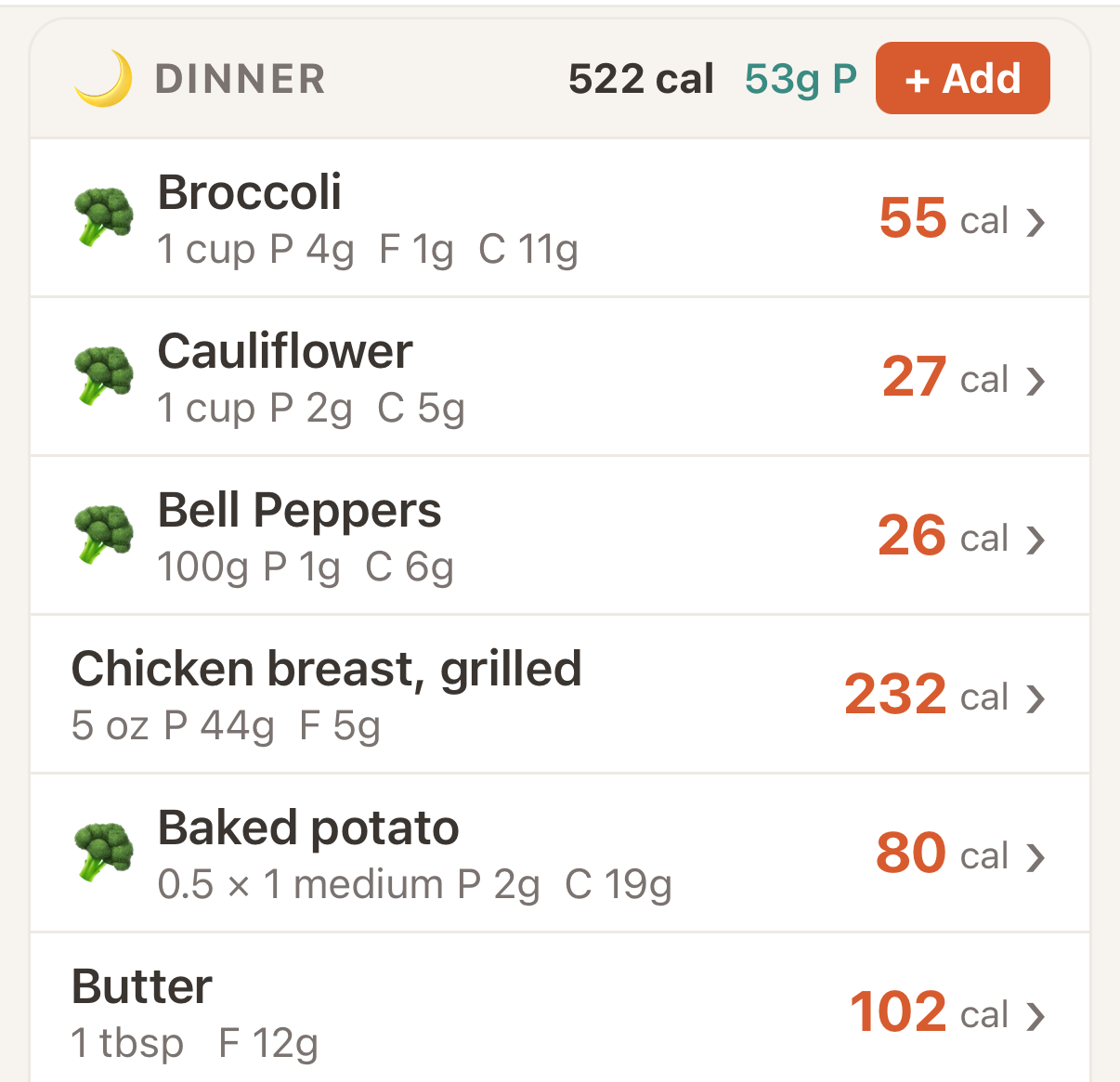 Food log screenshot: dinner, 53 grams of protein from grilled chicken, roasted vegetables, and a baked potato
