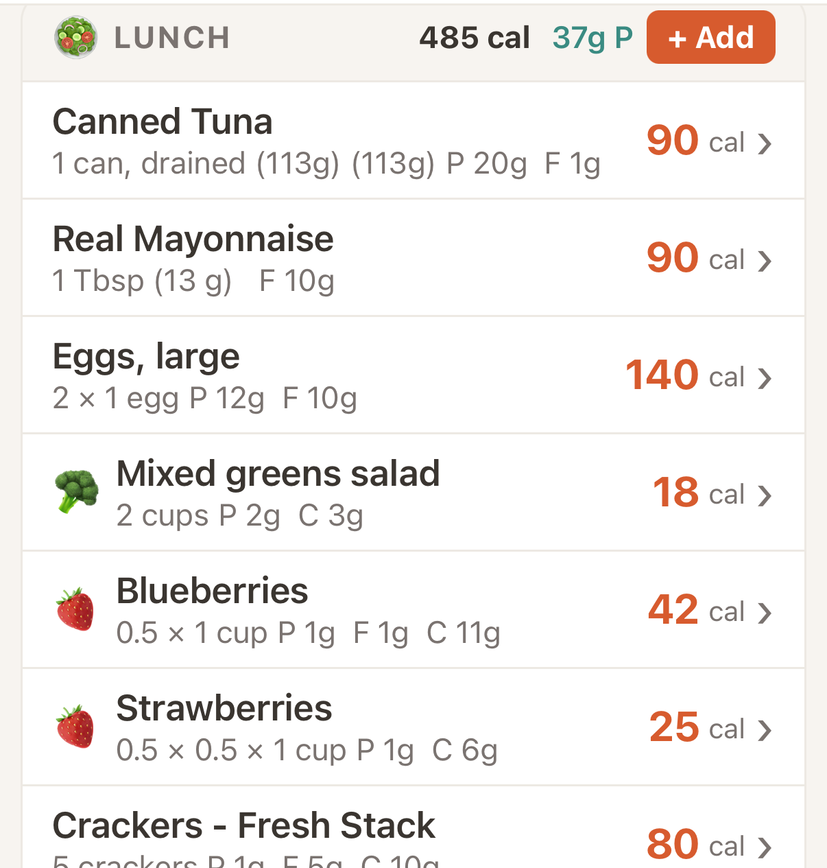 Food log screenshot: lunch, 37 grams of protein from tuna, eggs, greens, berries, and crackers